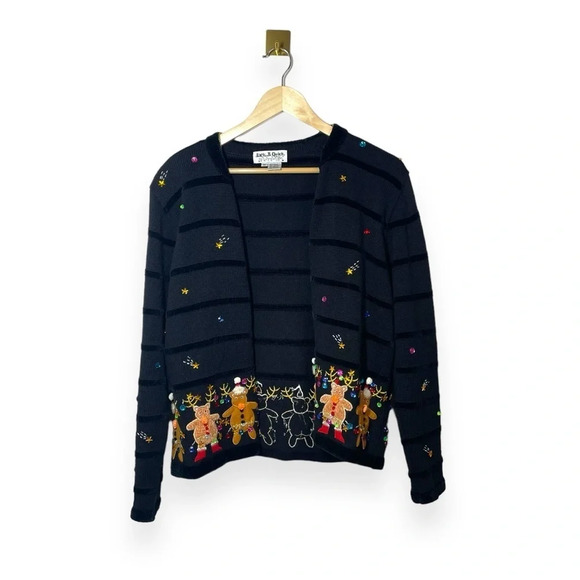 VINTAGE 90s Jack B Quick Ugly Bedazzled Christmas Cardigan Sweater Black Size M - Picture 3 of 14